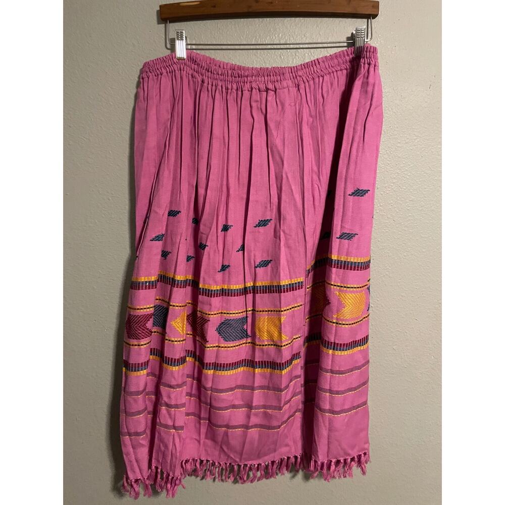 Vintage Womens Maxi Skirt Large Pink Aztec Embroidered Fringe Southwestern Boho - Picture 2 of 7